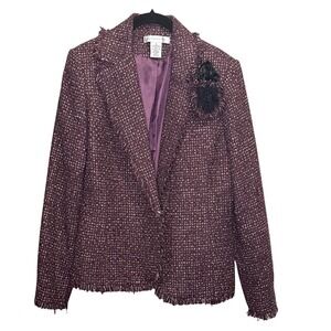 Pursuits Ltd Womens Plum Purple Tweed Fringe Blazer Floral Accent Jacket Size 10